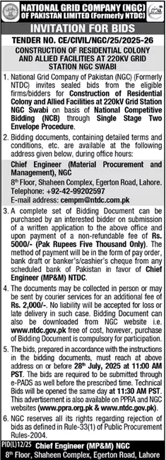National Grid Company of Pakistan Limited Lahore Tender Notice